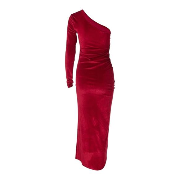 NEW Boutique Red Velvet One Shoulder Ruched Slit Glam Holiday Evening Dress - Picture 5 of 8
